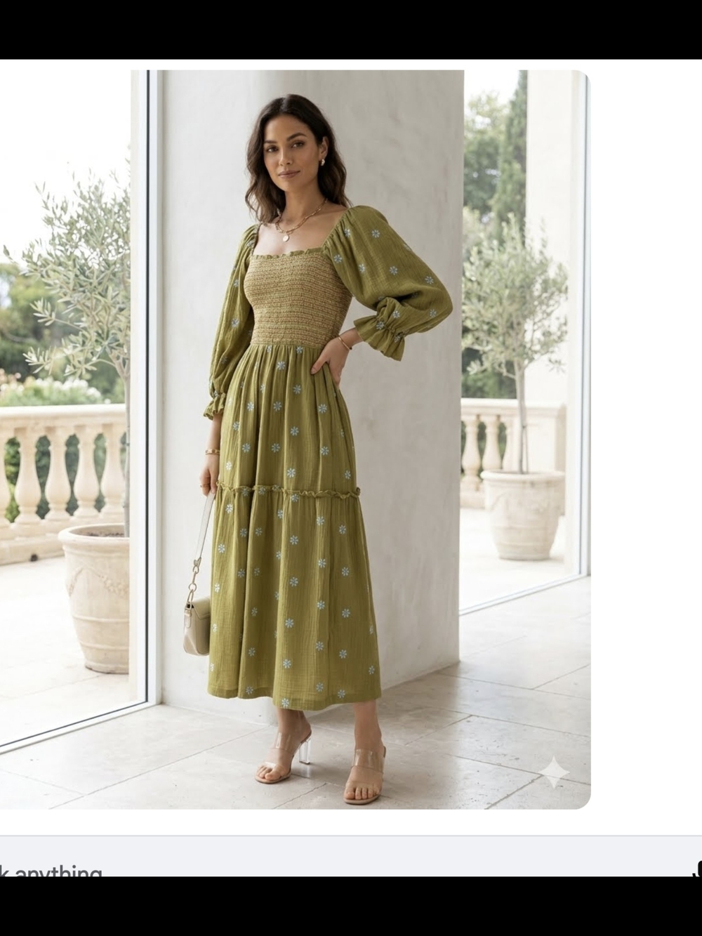 Velvet Olive Green Smocked Midi Dress with Puff Sleeves‎